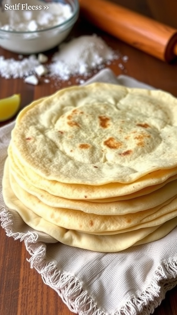 Homemade Tortillas Recipe Freshly made tortillas stacked on a wooden table, with a rustic cloth and baking ingredients in the background.